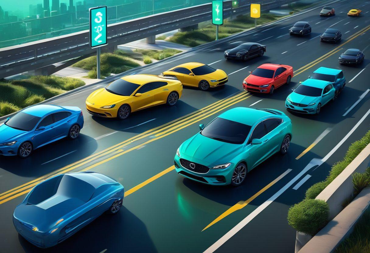 A visually engaging scene depicting a user-friendly online interface for auto insurance, featuring a glowing 'Get Quote' button, surrounded by icons of cars, calculators, and dollar signs. Include a dynamic background of a highway and road signs yet maintaining a clean and modern aesthetic. The color palette should be bright and inviting, symbolizing trust and clarity. digital art. vibrant colors. 3D.