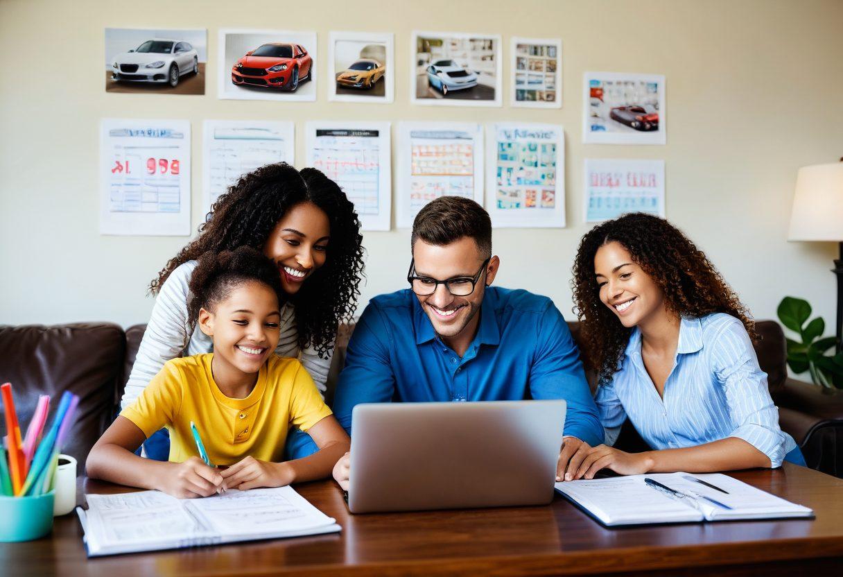 A detailed scene featuring a happy family reviewing car insurance quotes on a laptop at home, with a backdrop of diverse cars and road signs symbolizing coverage options. Include visual elements like a calculator, a notepad filled with notes, and a friendly insurance agent providing advice. The atmosphere should convey trust and clarity, representing the journey to affordable insurance. vibrant colors. super-realistic.