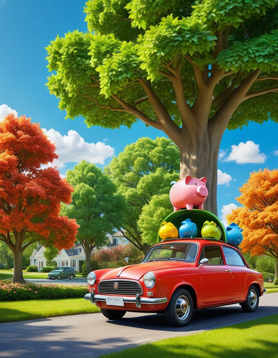 A cozy family car parked under a bright blue sky, surrounded by vibrant green trees, with a large piggy bank in the foreground symbolizing savings. The scene includes car insurance icons like shields, check marks, and dollar signs floating around, conveying protection and value. The atmosphere is friendly and inviting, encouraging viewers to explore affordable options for car insurance. cartoon style. bright colors. cheerful vibe.